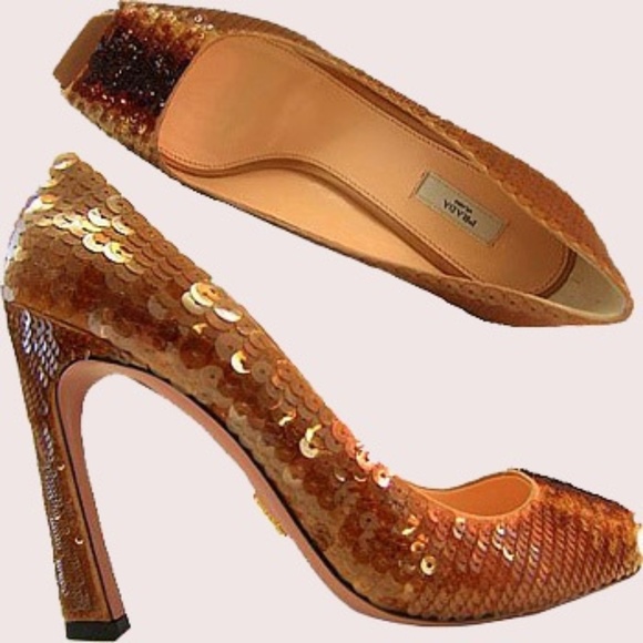 Prada Gold Bronze Sequin Peep Toe Heels 39 - Picture 1 of 7